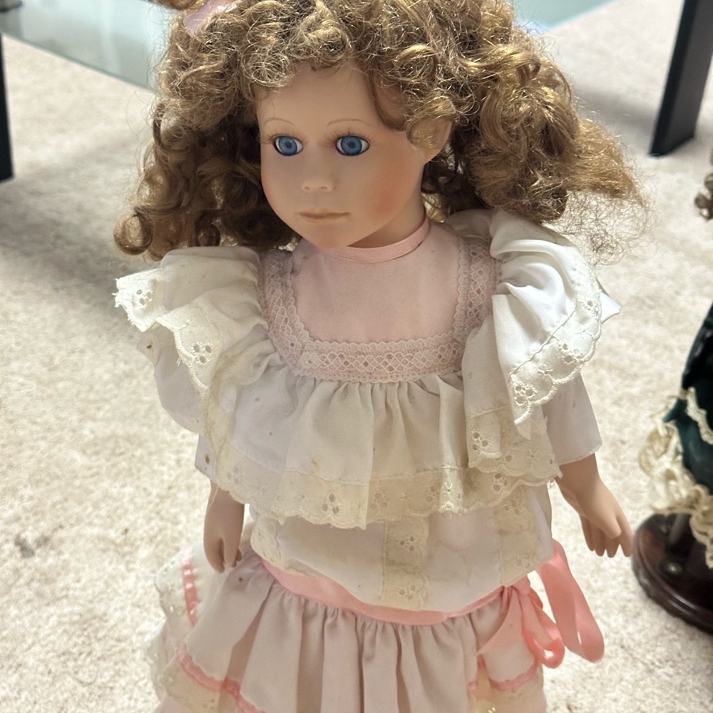 Classic Porcelain Doll with Pink and White Dress